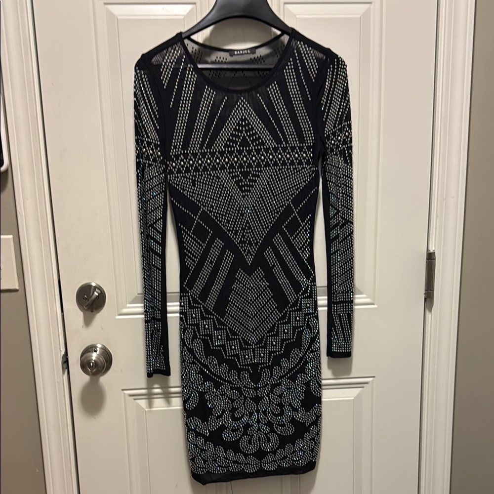 Banjul Black and White Geometric Long Sleeve Dress